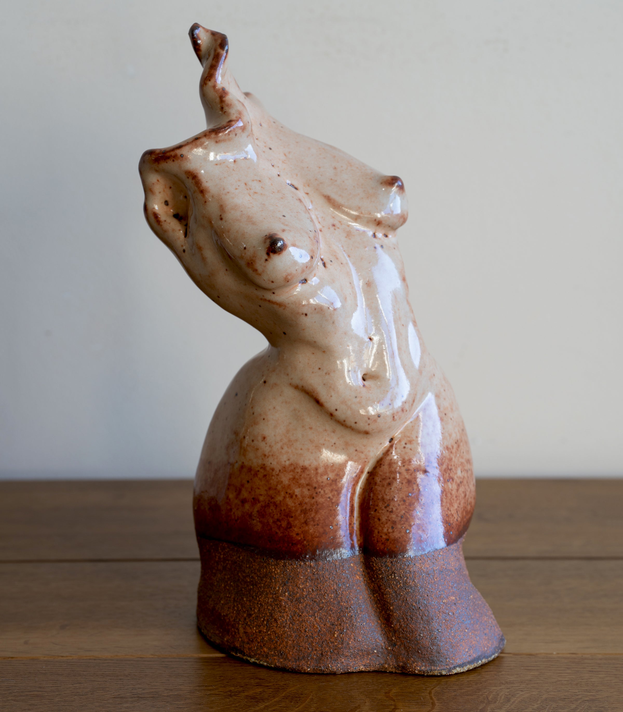 Glazed Sculpture I by RM-004 tan ceramic cat figurine with glossy glaze and speckled details