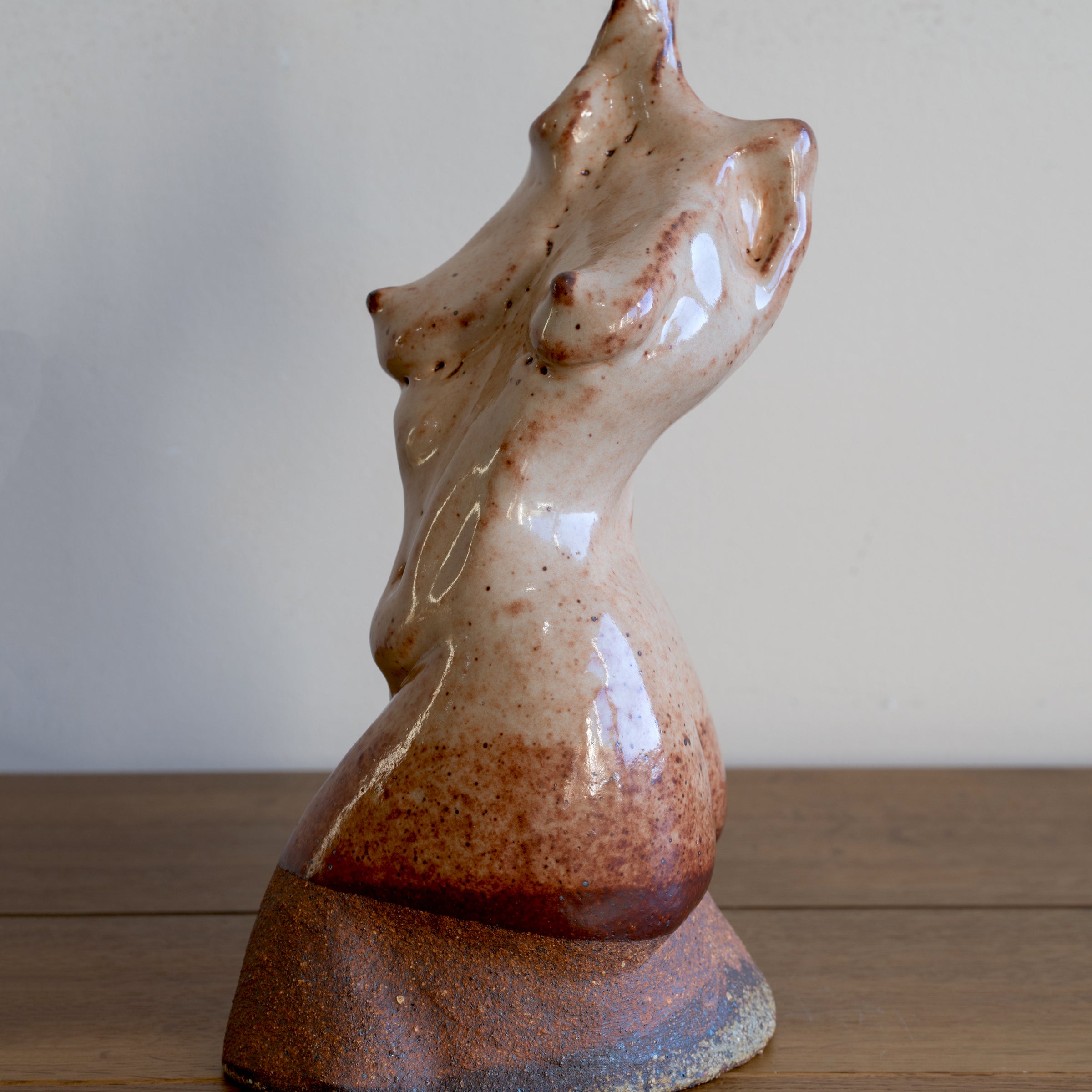 Glazed Sculpture I by RM-004 glazed ceramic sculpture, speckled beige with glossy finish on base