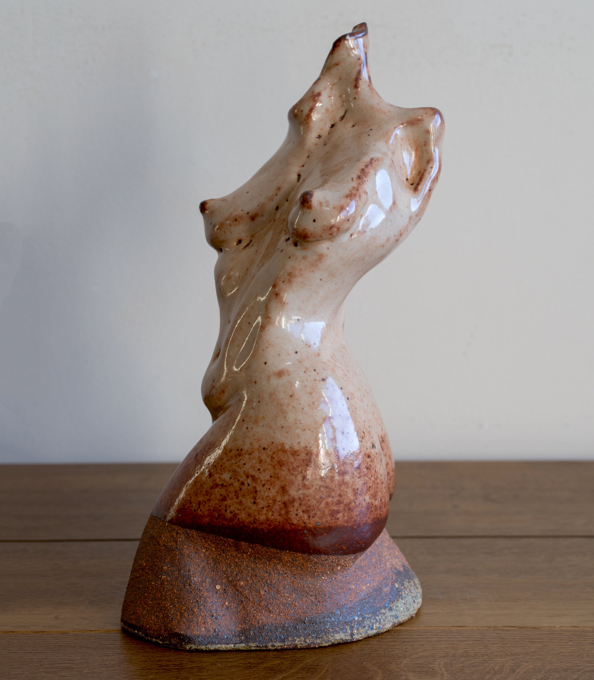 Glazed Sculpture I by RM-004 glazed ceramic sculpture, speckled beige with glossy finish on base