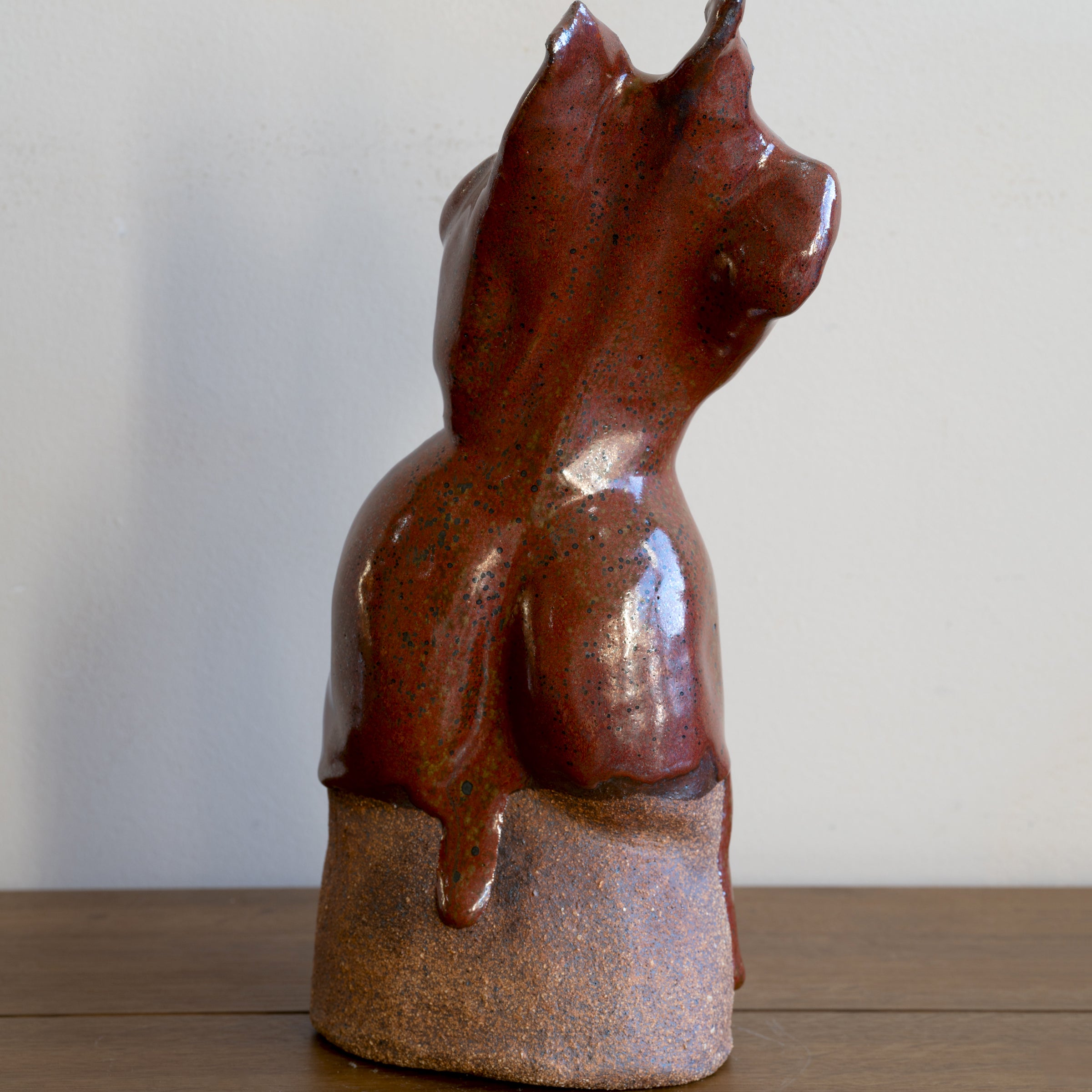 Glazed Sculpture III RM-005 glazed ceramic sculpture in rust red with speckled finish on pedestal