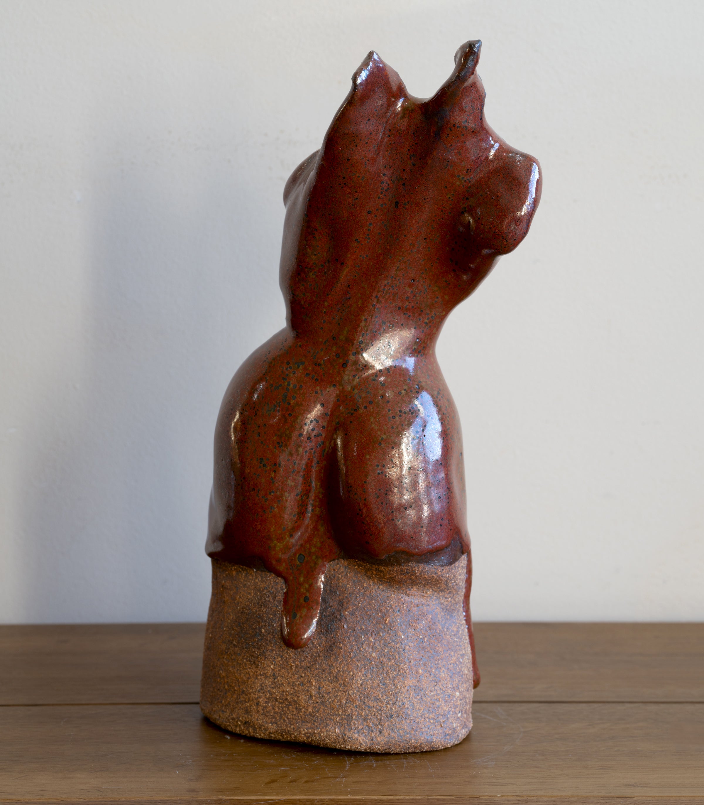 Glazed Sculpture III RM-005 glazed ceramic sculpture in rust red with speckled finish on pedestal