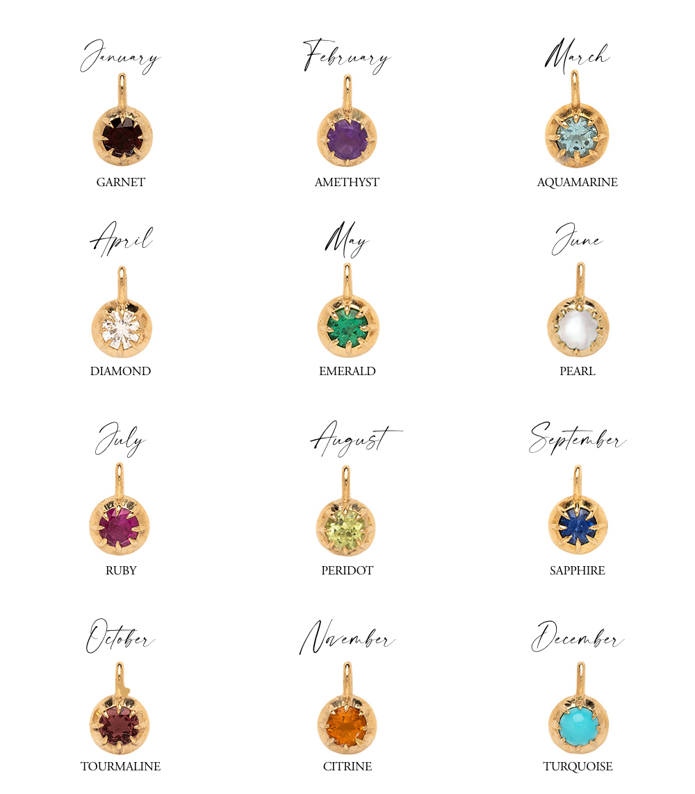 ID NECKLACE NO.2 by ID-N2 gold birthstone pendant charms, round bezel settings on a white background