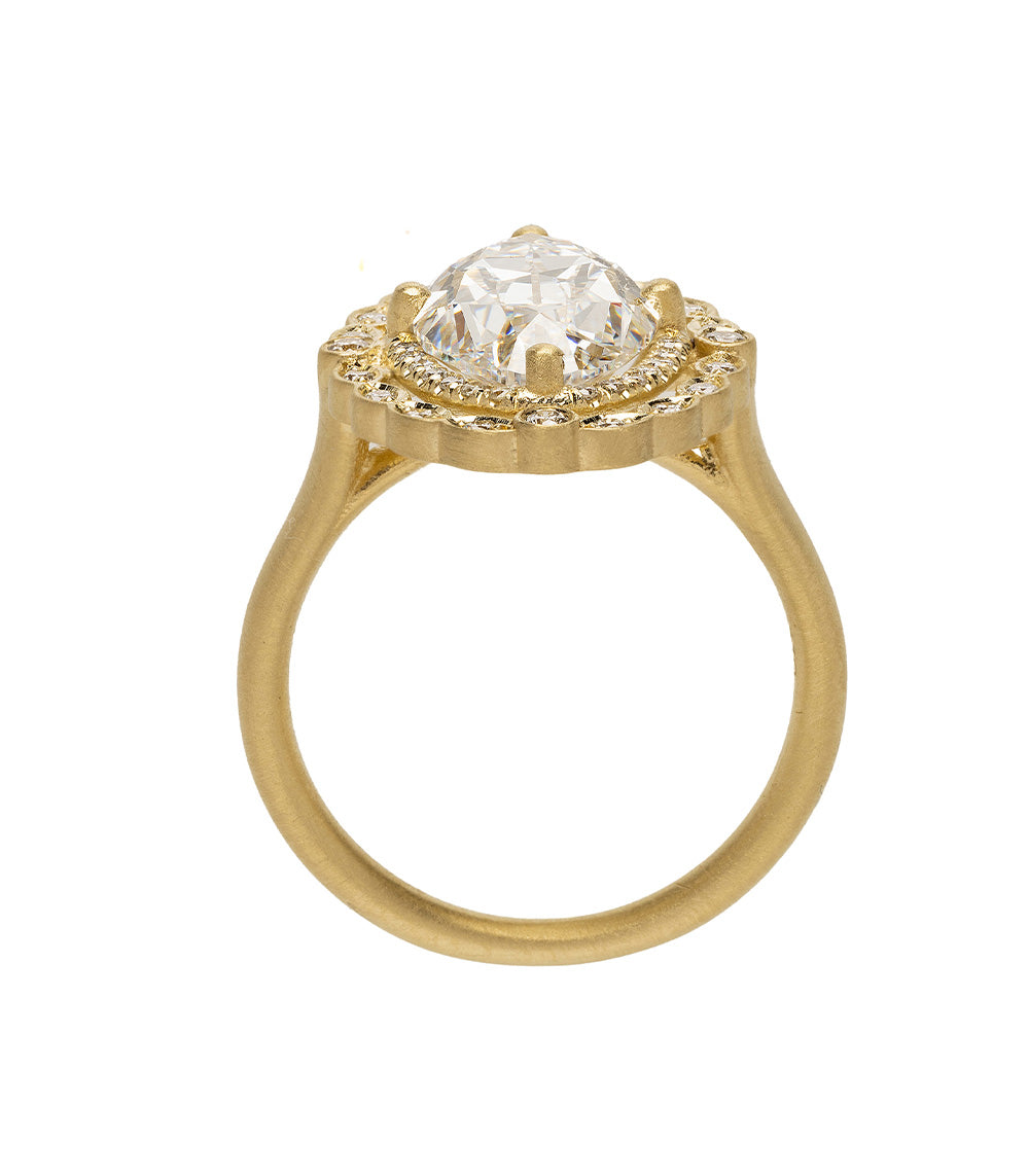 Genevieve SK-R20-LGD-MC-3.56 gold engagement ring with halo and unique engagement ring style, radiant center stone
