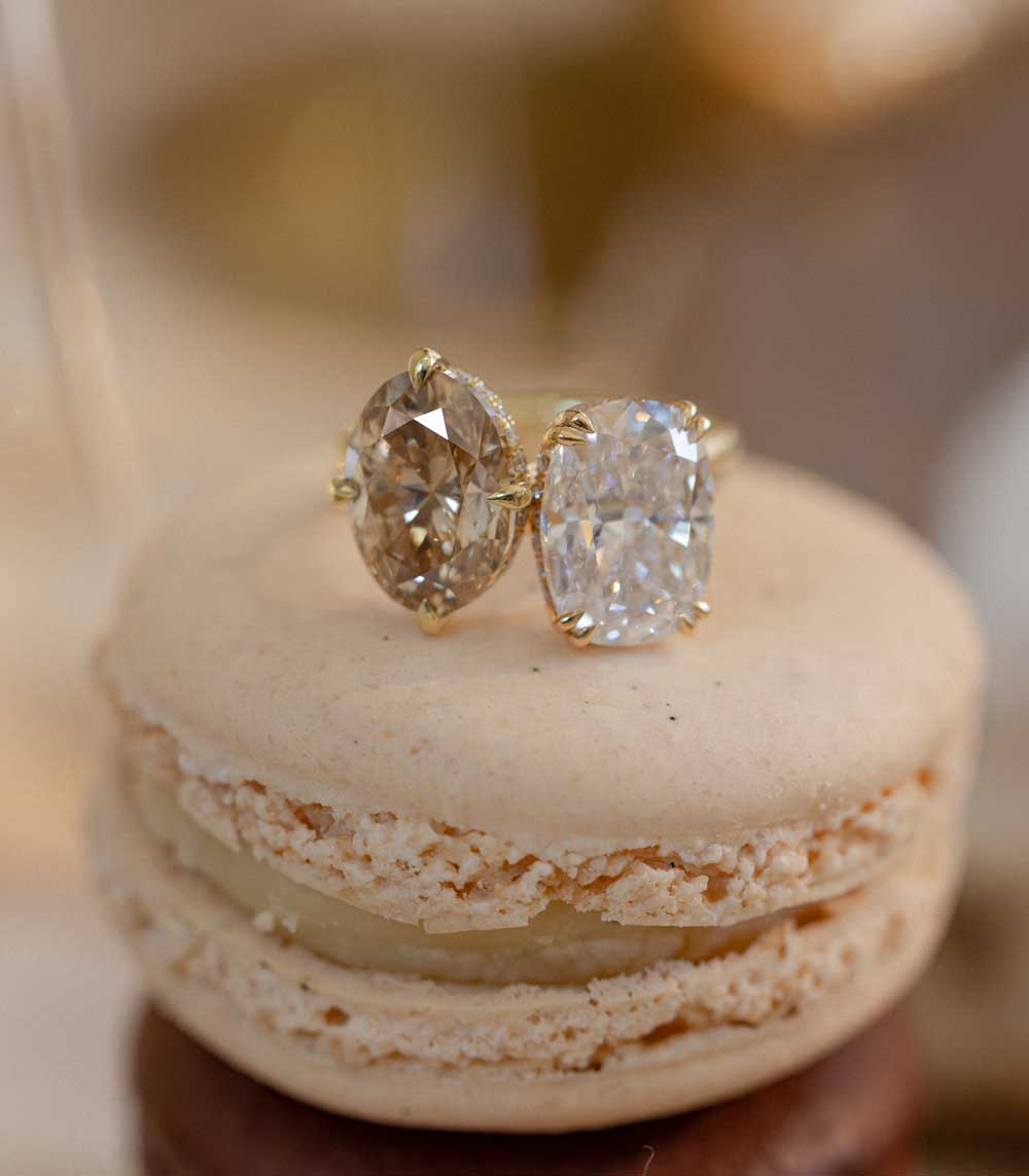 Billie SK-R94-DP-NS-LGD-CC-4.01 engagement ring in gold—unique engagement ring with asymmetrical 2 stone engagement ring
