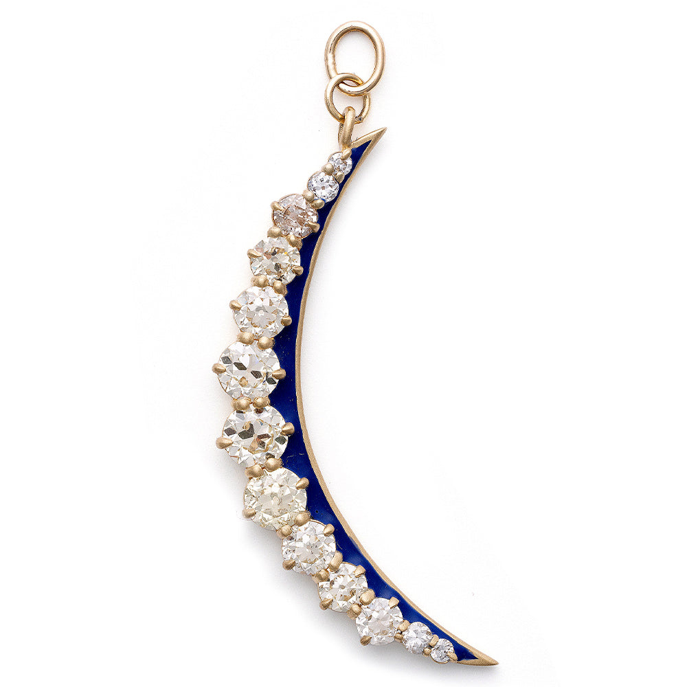Feminine Divine SK-P13 charm crescent moon pendant in gold with blue enamel and diamond-like stones