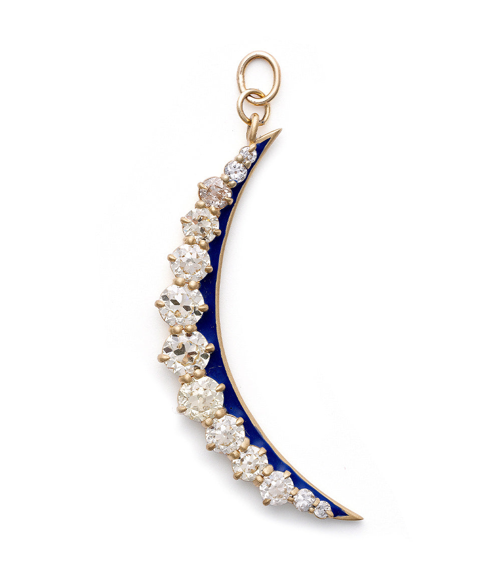 Feminine Divine SK-P13 charm crescent moon pendant in gold with blue enamel and diamond-like stones