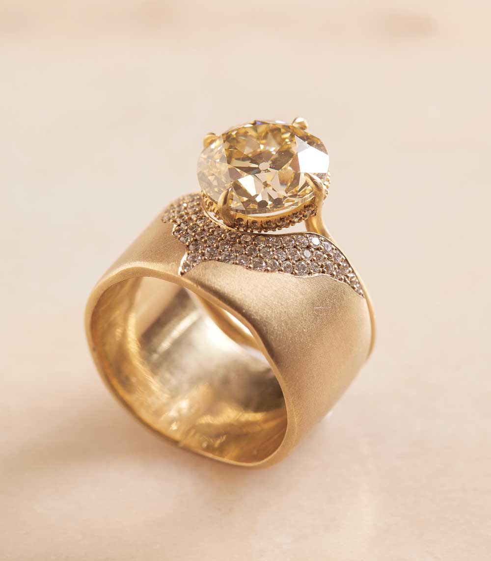 Rolling Hills II P-R13-B engagement ring in 14K yellow gold, unique engagement ring with round halo stones