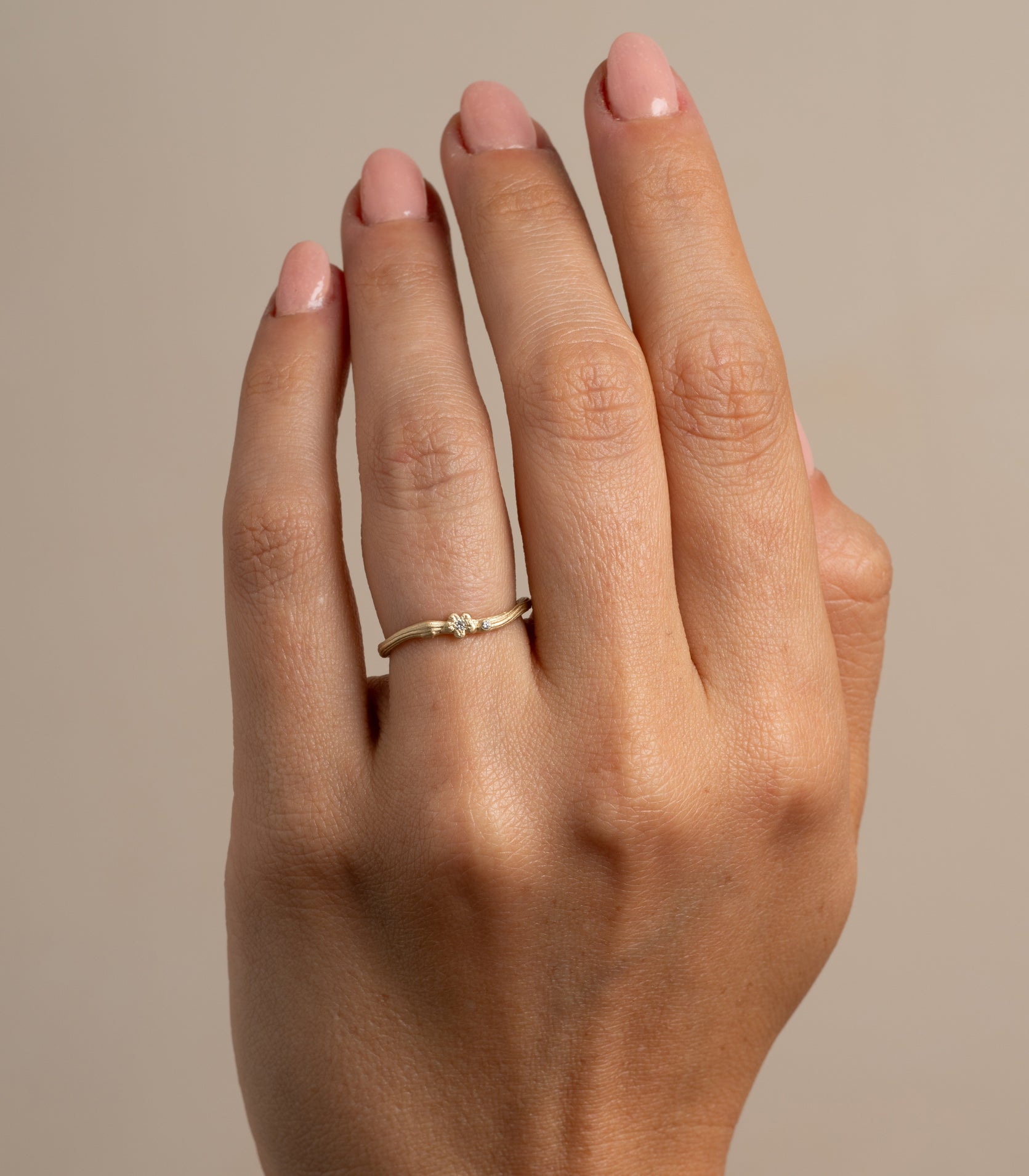 Twig Nesting Band by ES-R38 twig motif nesting ring in 14K yellow gold, shiny finish.
