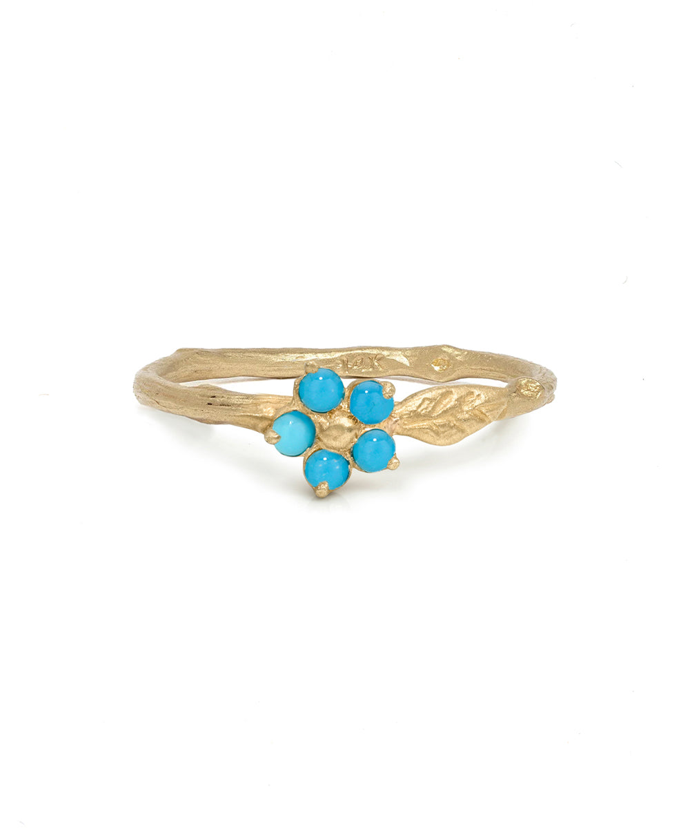 Twig Band With A Leaf Motif And Cabochon Turquoise Flower Detail Matte Finish 14k Yellow Gold Pinky Ring Es R40 Tq Front