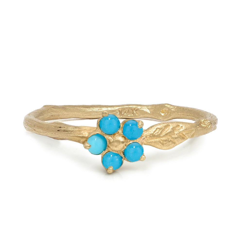 Twig Band With A Leaf Motif And Cabochon Turquoise Flower Detail Matte Finish 14k Yellow Gold Size 6 Es R40 Tq Front