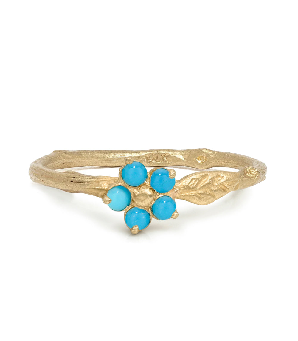 Twig Band With A Leaf Motif And Cabochon Turquoise Flower Detail Matte Finish 14k Yellow Gold Size 6 Es R40 Tq Front