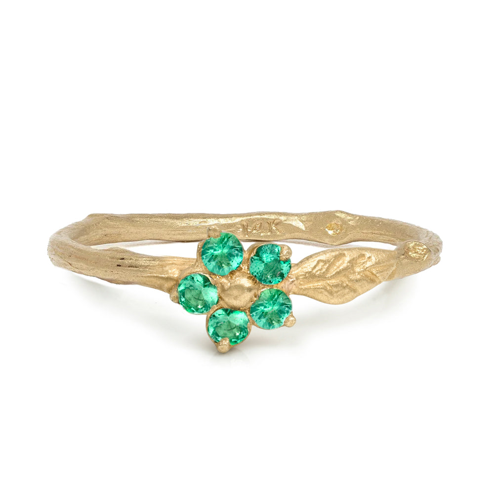 Twig Band With A Leaf Motif And Round Brilliant Emerald Flower Detail Matte Finish 14k Yellow Gold Size 6 Es R40 Em Front
