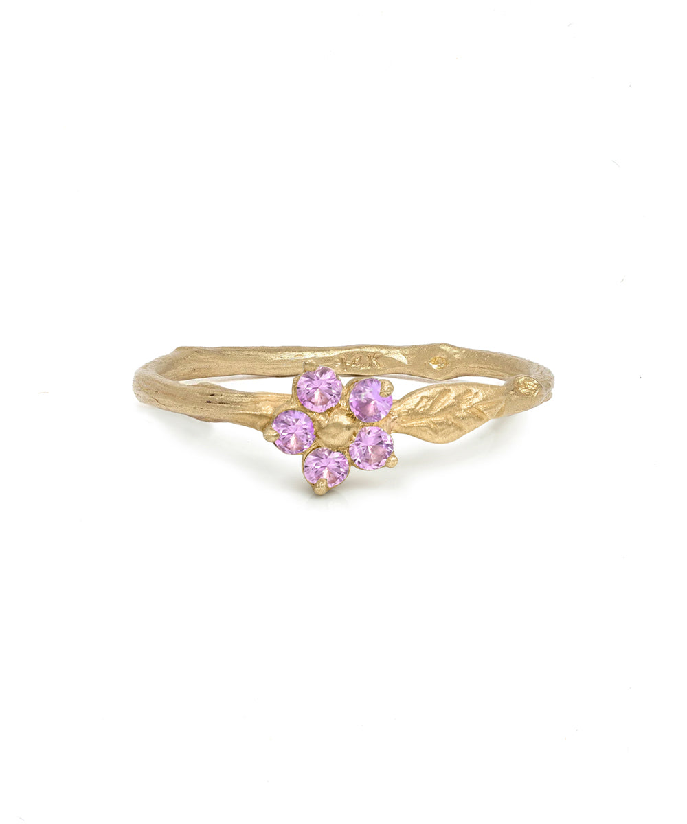 Twig Band With A Leaf Motif And Round Brilliant Purple Sapphire Flower Detail Matte Finish 14k Yellow Gold Pinky Ring Es R40 Ls Front
