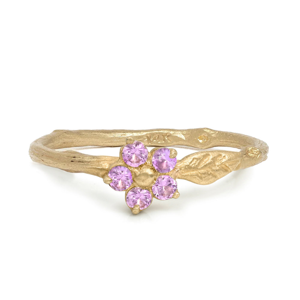 Twig Band With A Leaf Motif And Round Brilliant Purple Sapphire Flower Detail Matte Finish 14k Yellow Gold Size 6 Es R40 Ls Front