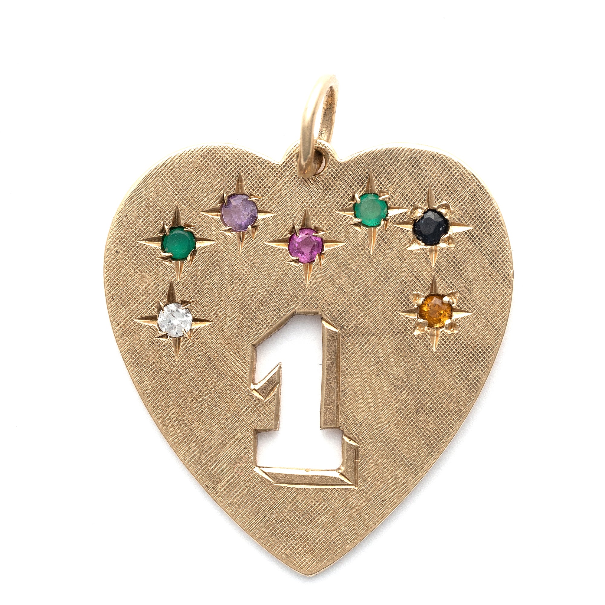 Dearest One Charm VC-P13 heart charm in gold with multi-color star-set stones and number 1 detail