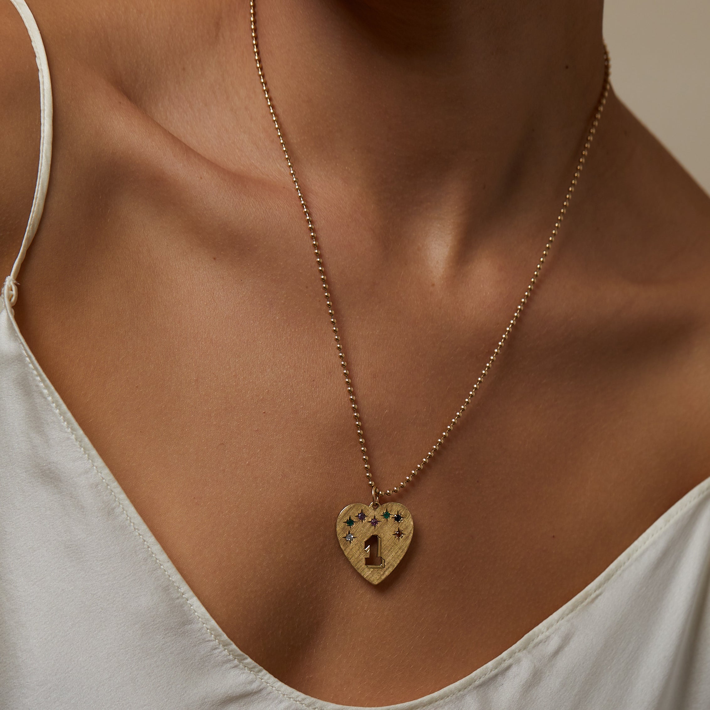 Dearest One Charm VC-P13 gold charm necklace heart pendant with '1' and gem details