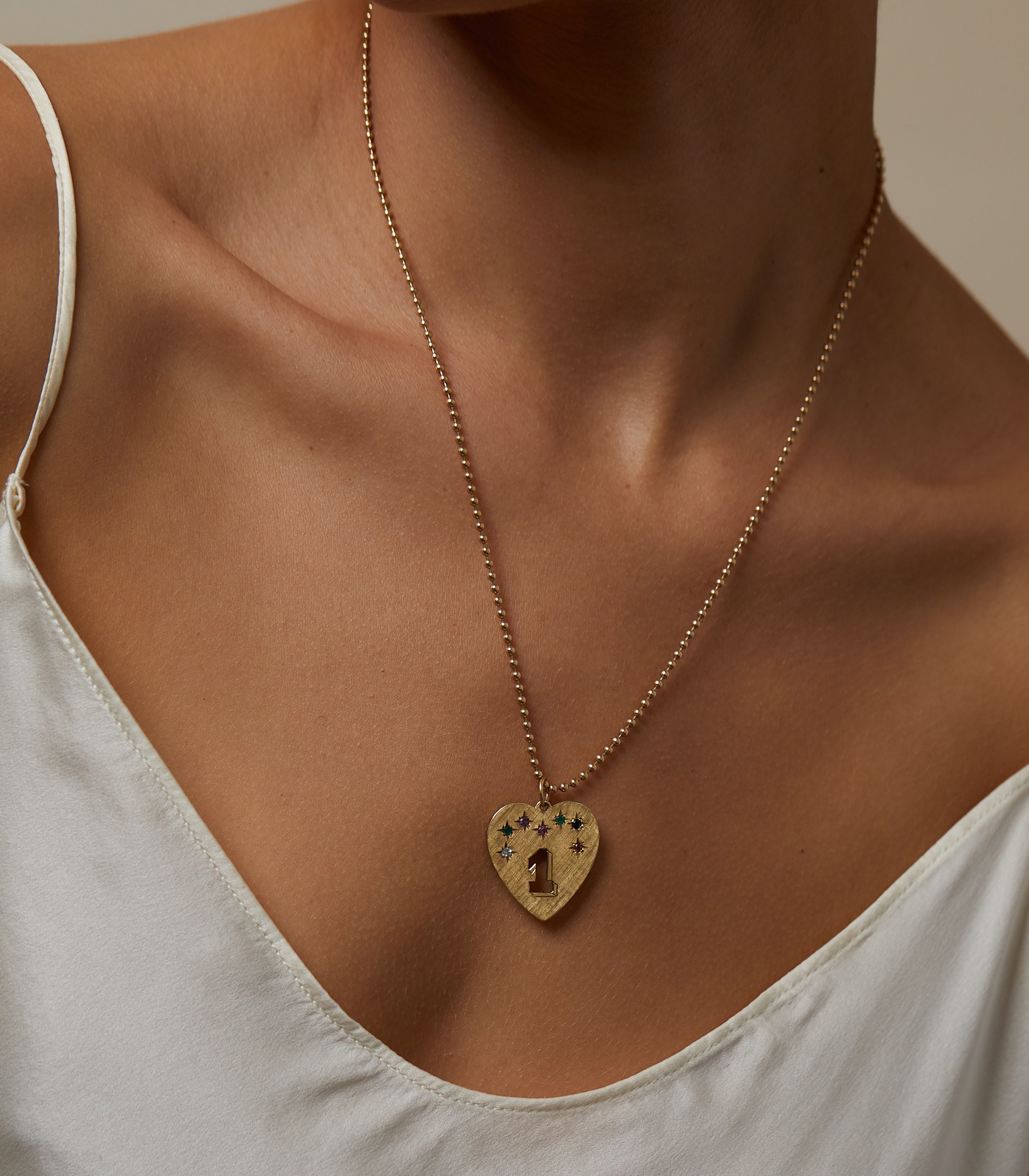 Dearest One Charm VC-P13 gold charm necklace heart pendant with '1' and gem details