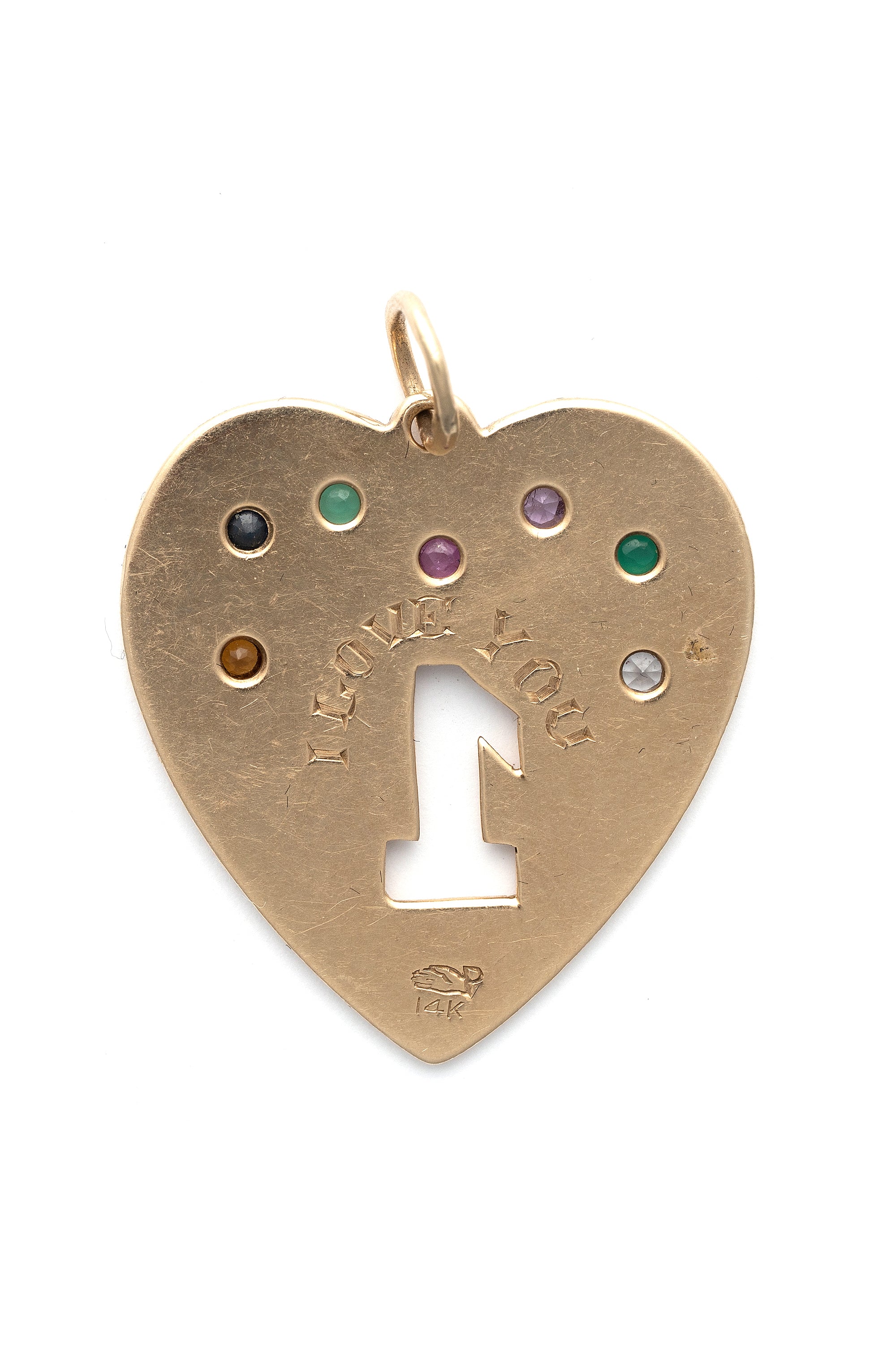 Dearest One Charm VC-P13 heart charm pendant in gold with multicolor gemstone settings and AJKK detail