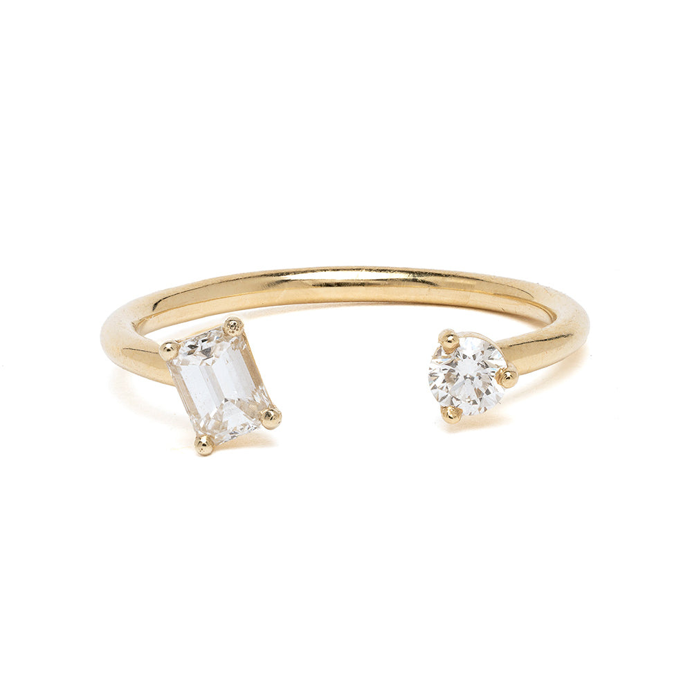 Lunetta A-R38-R-EC unique engagement ring 14K yellow gold 2 stone engagement ring asymmetrical engagement ring.