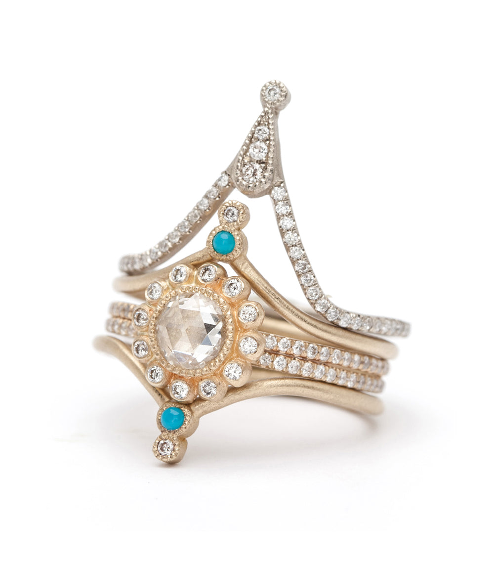 Alethea AL-R1-P unique engagement ring in 14K yellow gold with turquoise and sparkling white stones.