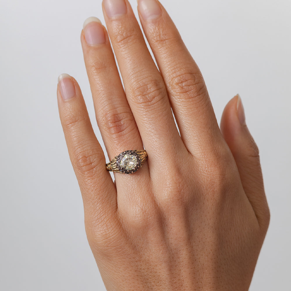 Regal Rose Cut Ring VC-R73 gold ring with ornate halo setting and round brilliant diamond center