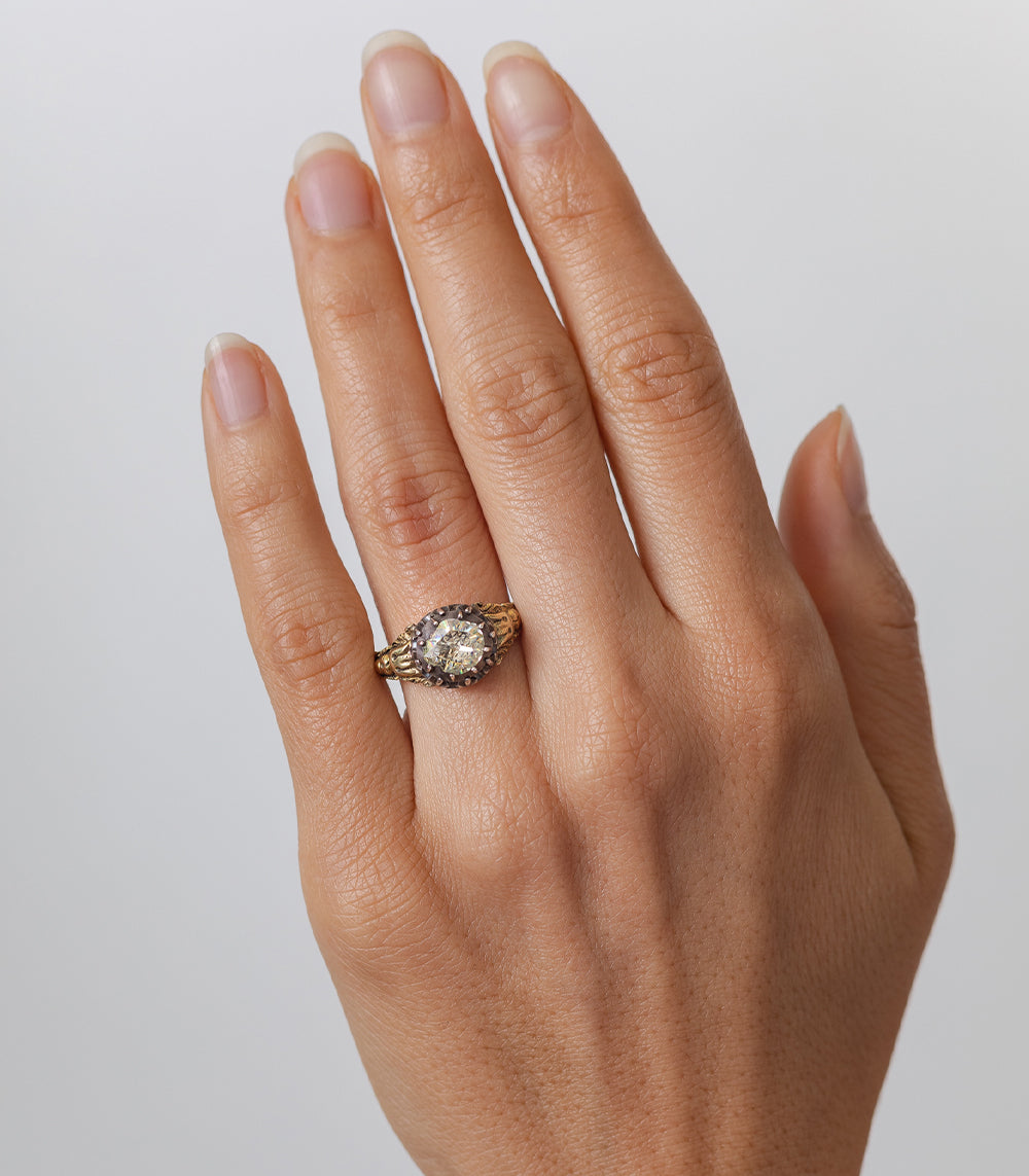 Regal Rose Cut Ring VC-R73 gold ring with ornate halo setting and round brilliant diamond center