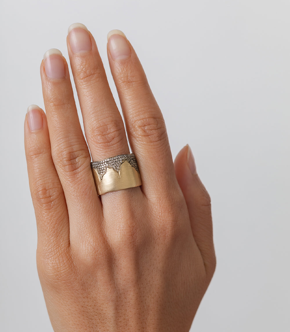 Cracked Band- 15mm P-R6-Cracked 14K yellow gold band with cracked texture and sparkling pavé diamonds