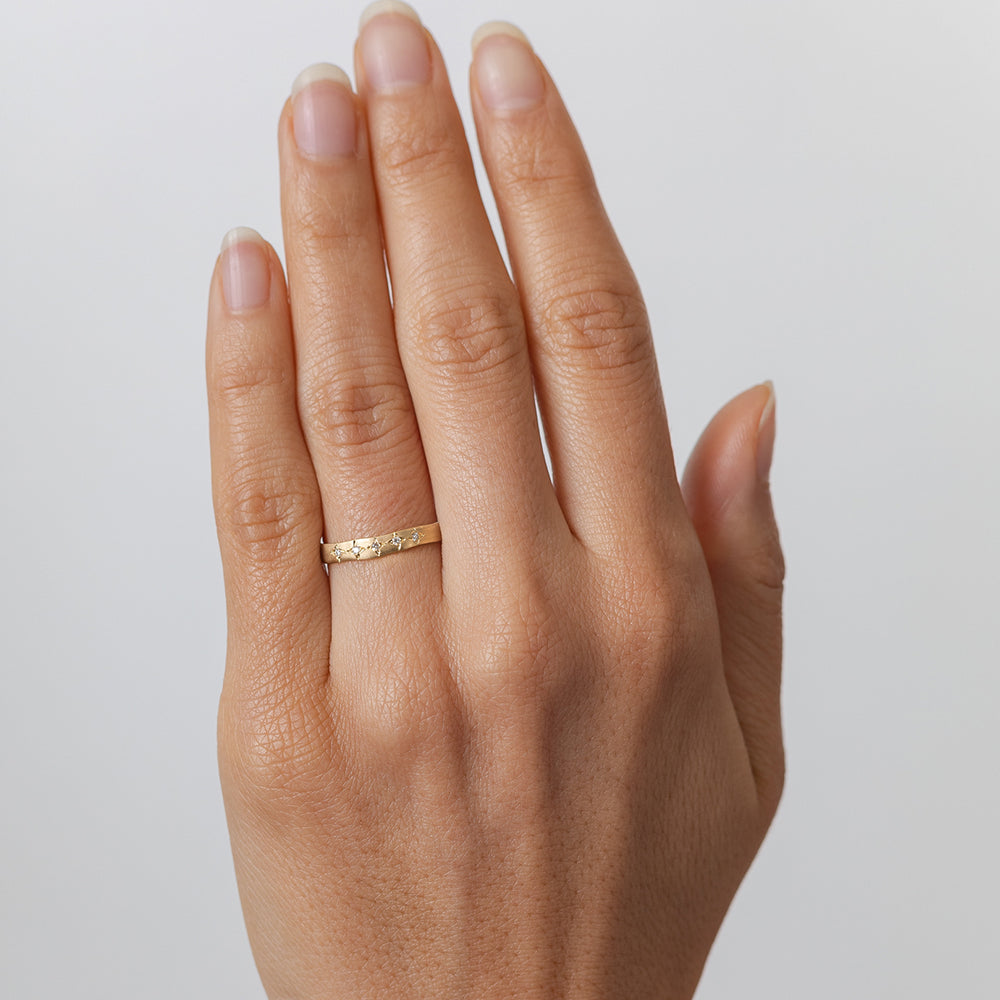 Torn Paper Band by P-R1-5Star 14K yellow gold band ring with shiny setting on hand