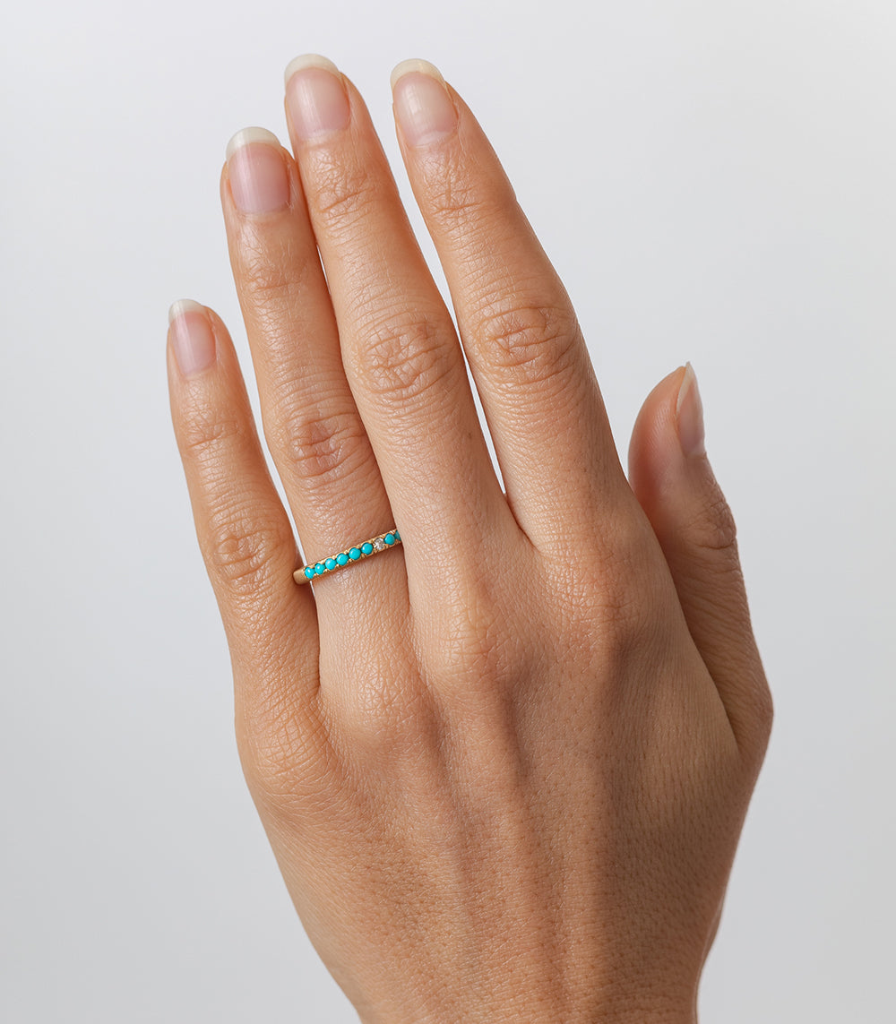 Vintage Inspired Stacking Band LF-R1-TD 14K yellow gold turquoise bead band with shiny finish