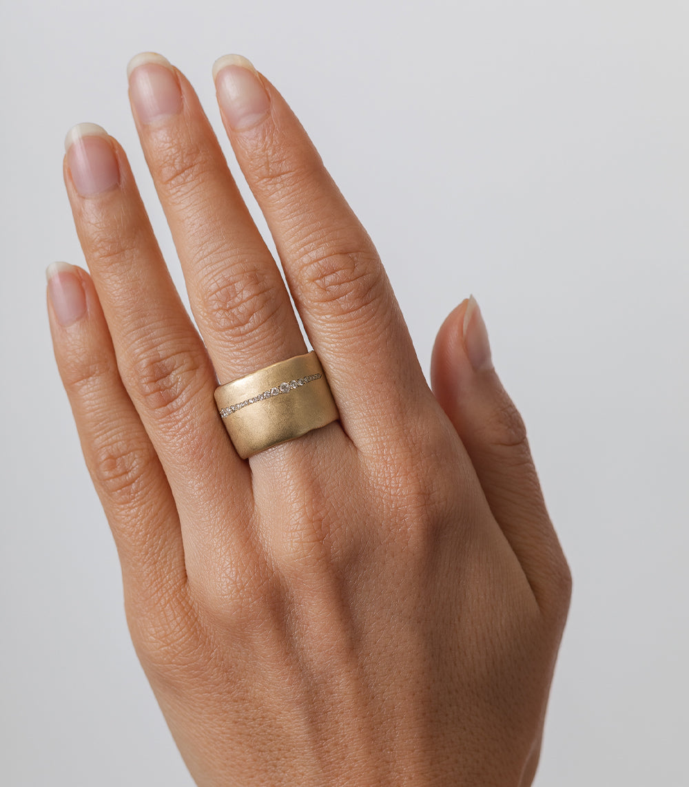 Torn Paper Band With Horizontal Diamond Stripe ring by P-R6-HS in yellow gold with shiny diamond stripe