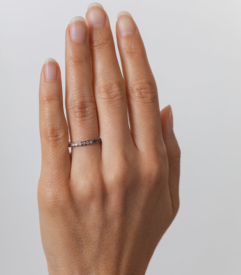 Vintage Inspired Stacking Band LF-R1-OD ring in 14K white gold with shiny pave sparkle on finger