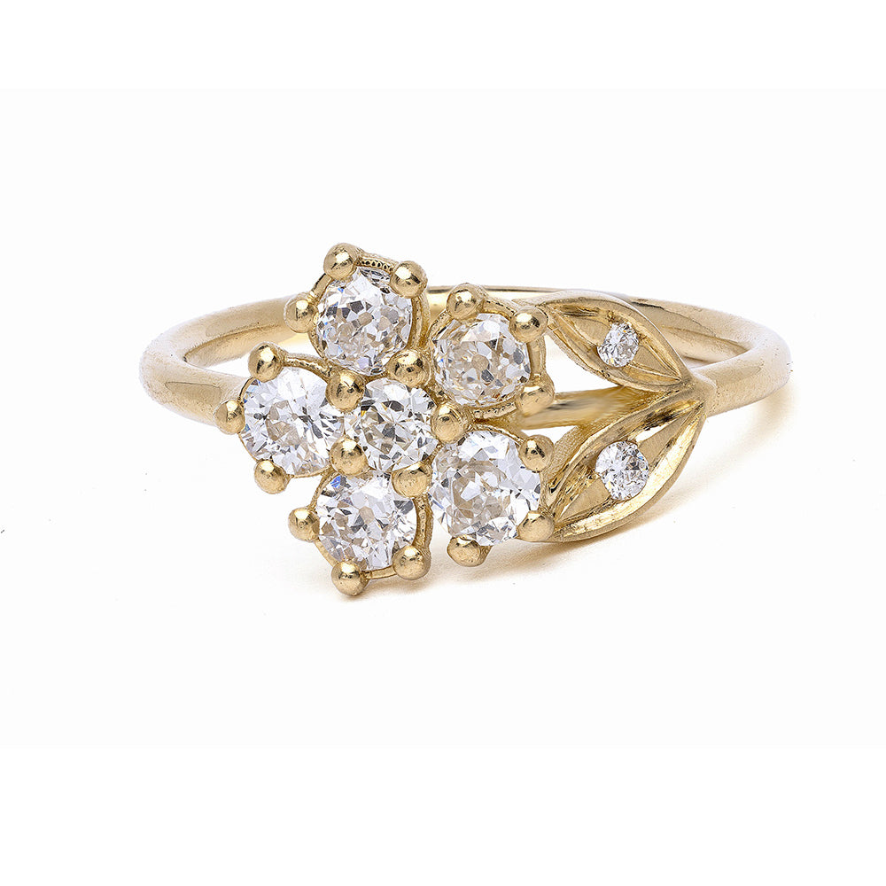 Antique Inspired Flower Band LF-R25-D band in shiny 14K yellow gold with clustered white stones