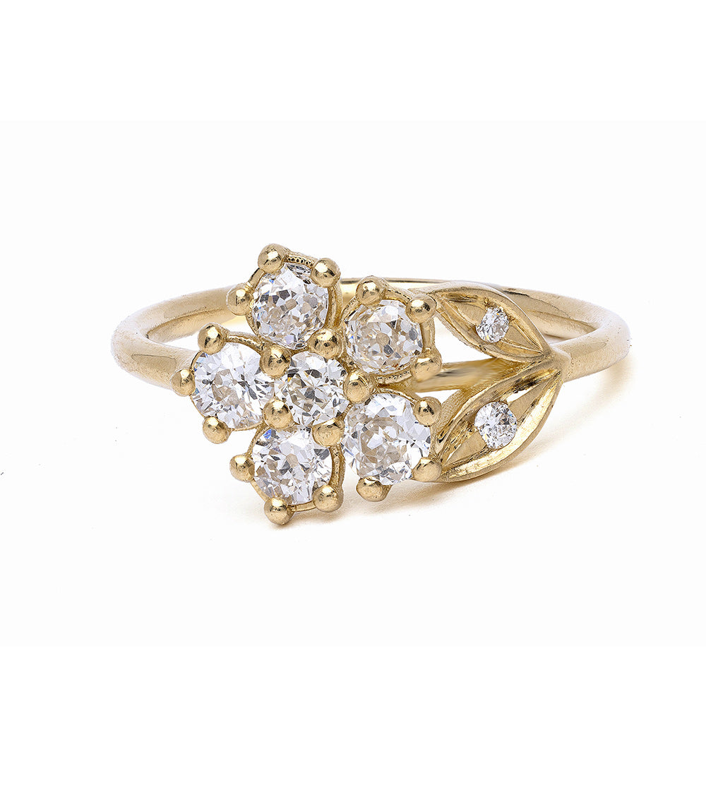 Antique Inspired Flower Band LF-R25-D band in shiny 14K yellow gold with clustered white stones