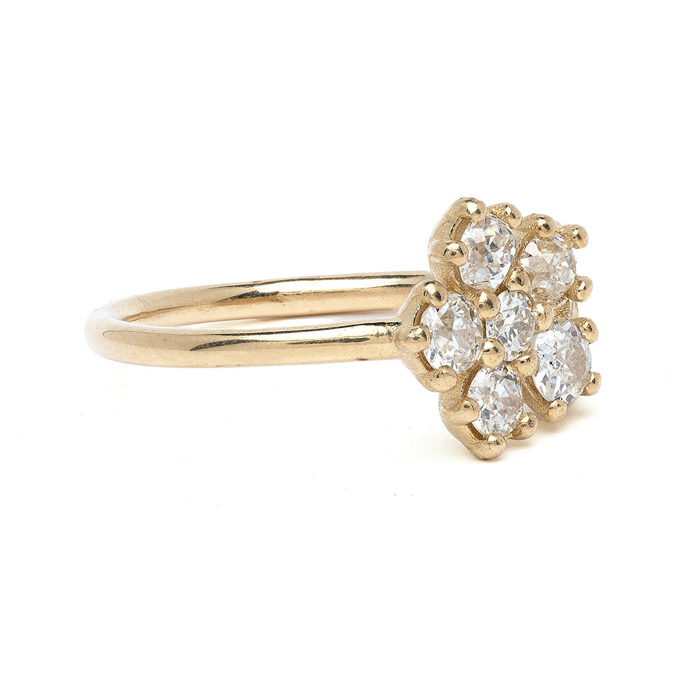 Antique Inspired Flower Band LF-R25-D 14K yellow gold ring with rounded diamond cluster setting