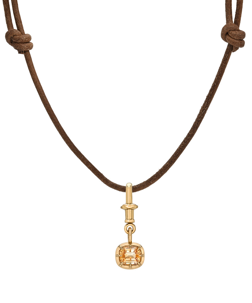 Antique Style Button Back Peach Sapphire Swivel Pendant 14k Yellow Gold On Leather Cord Sk Sp131 Sa Cl Ew St Em 2.35 B