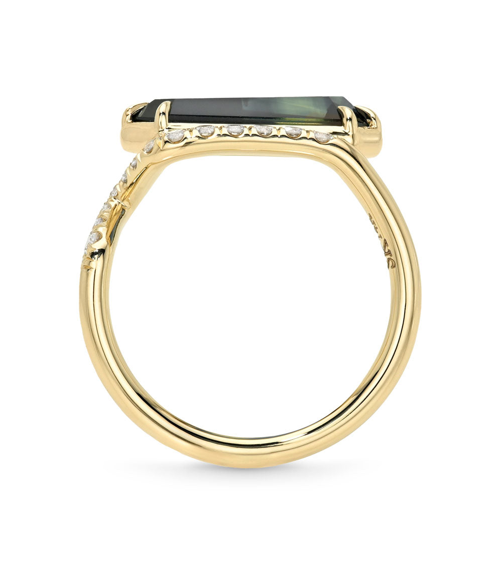 Aura by Sofia Kaman unique engagement ring in yellow gold with rectangular green center and pavé accents