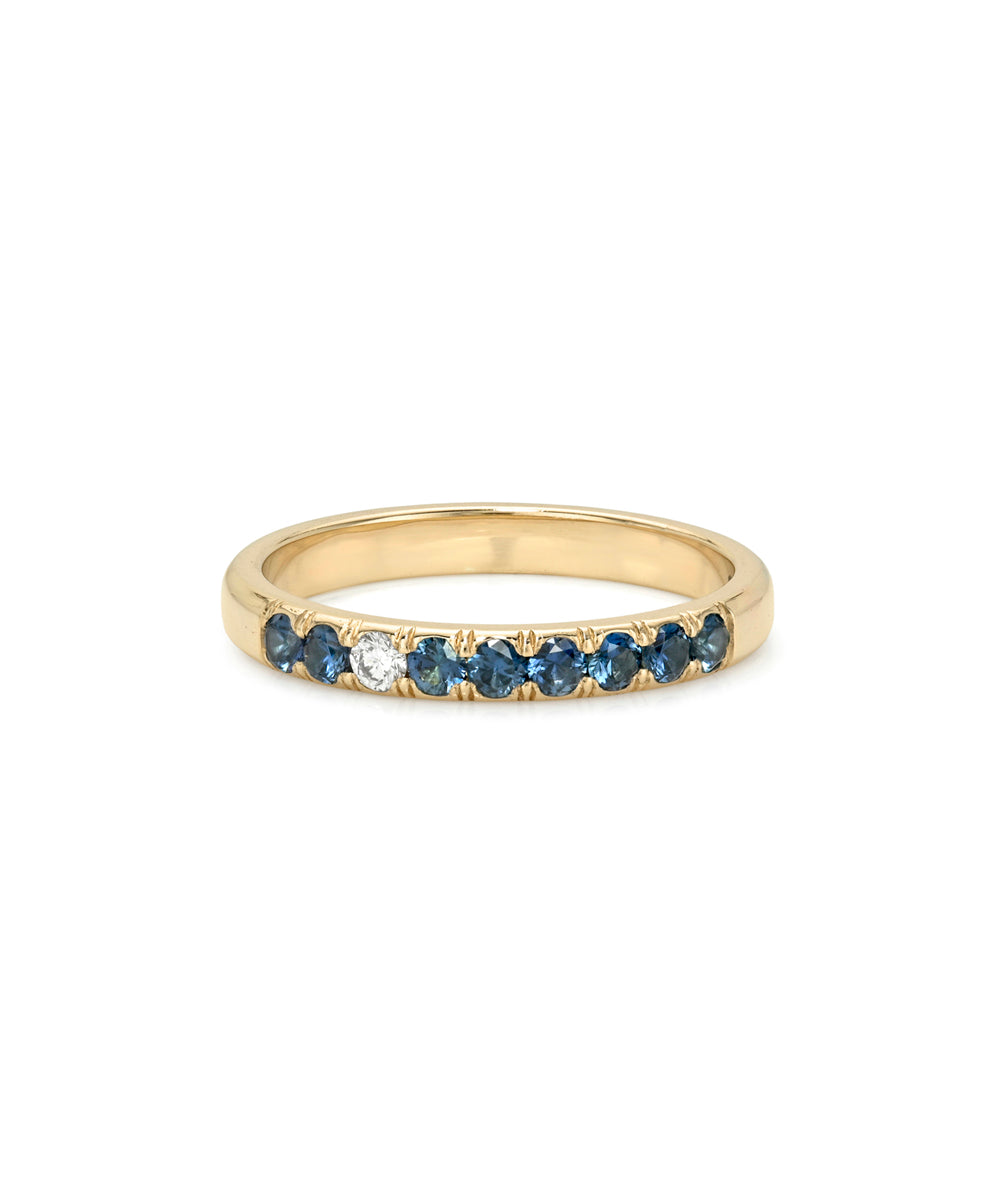 Blue Sapphire And Diamond Stacking Band On Gold Band Pinky Ring Lf R1 Bs Front