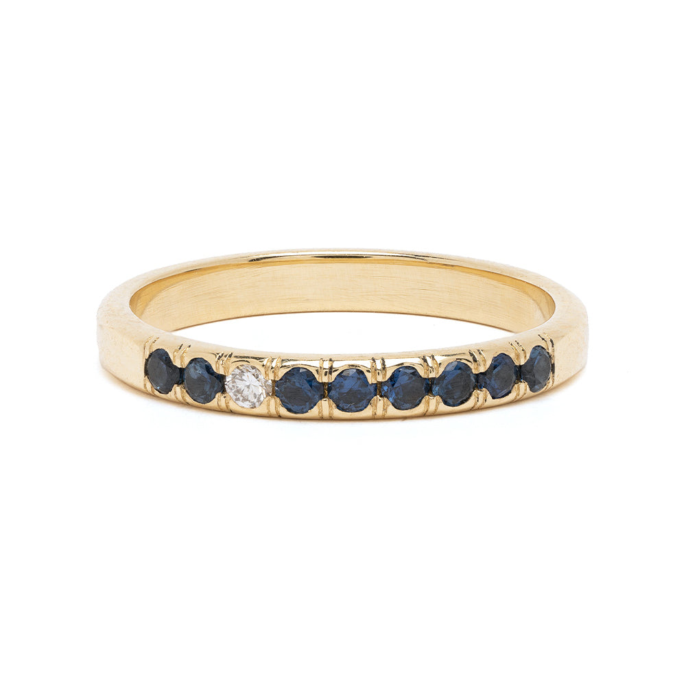 Vintage Inspired Stacking Band LF-R1-BS band in 14K yellow gold, shiny finish, with blue stones and a center diamond