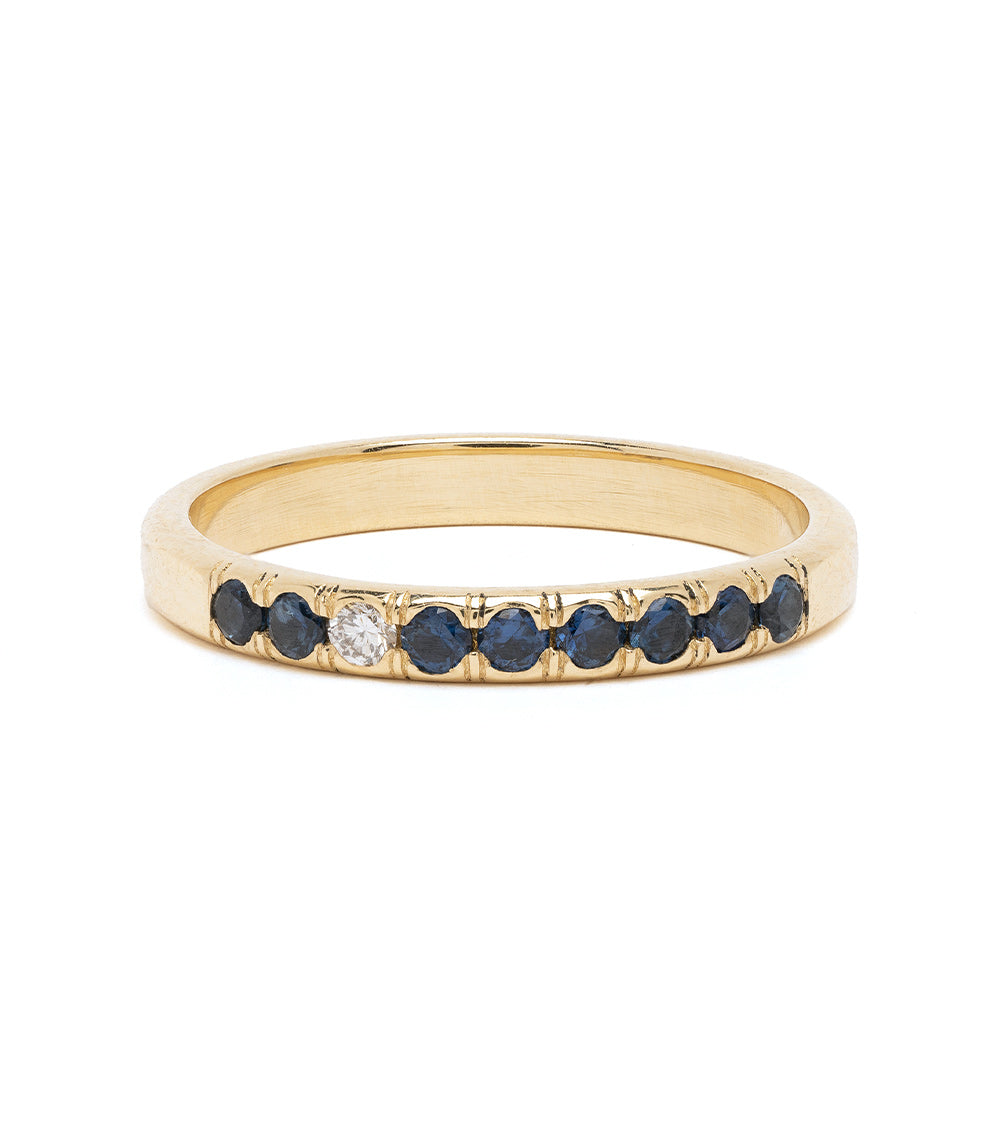 Vintage Inspired Stacking Band LF-R1-BS band in 14K yellow gold, shiny finish, with blue stones and a center diamond