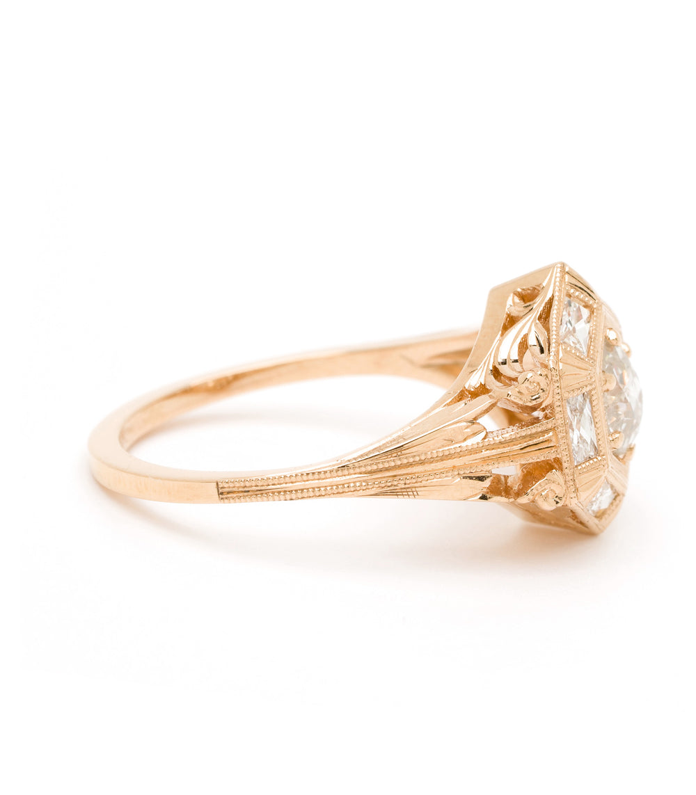 Zelda by SK-R54 unique engagement ring in gold with intricate filigree setting and faceted center stone