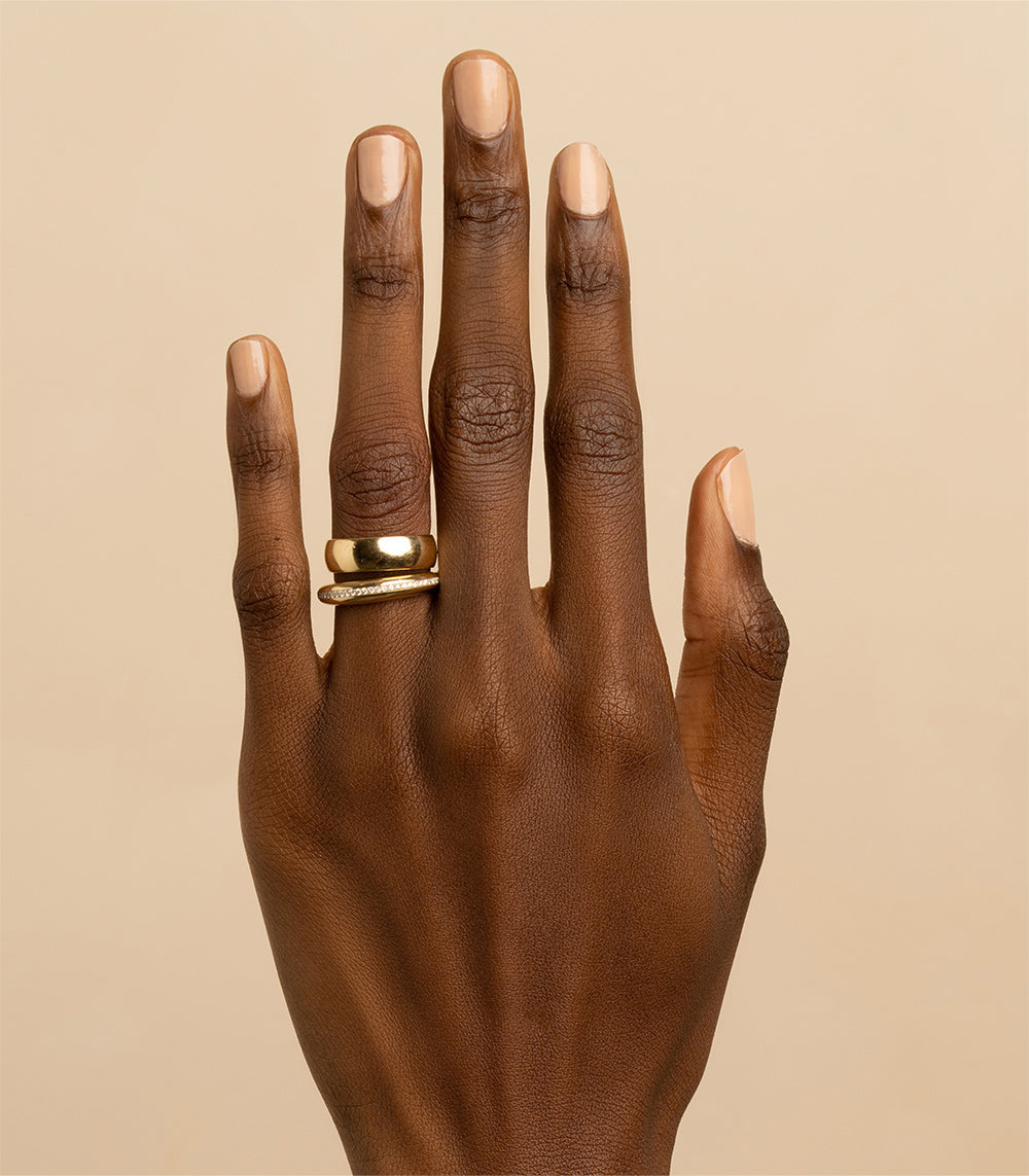 Crescent Band by A-R44-EB gold ring with shiny finish, smooth crescent profile on finger