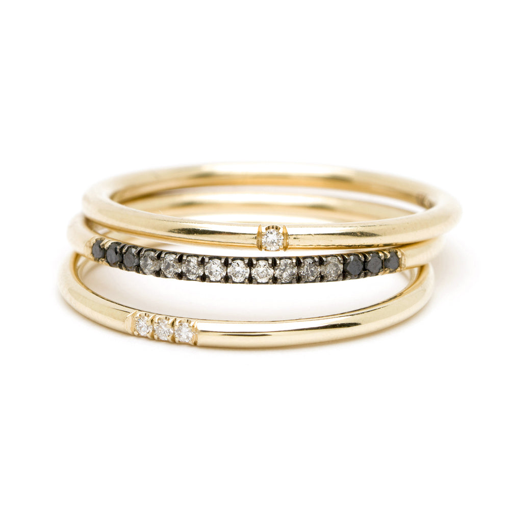Classic Wire Band A-R27 14K yellow gold stacking bands with sparkling diamond inlay and dark stones
