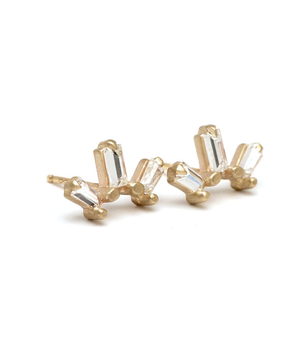 Sunrise Stud Earrings by A-E5-Stud in 14K yellow gold with clear baguette-cut stones on studs