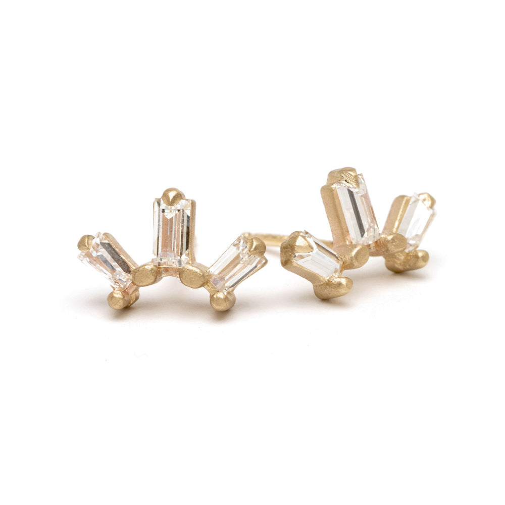 Sunrise Stud Earrings by A-E5-Stud in 14K yellow gold with matte studs and clear baguette stones