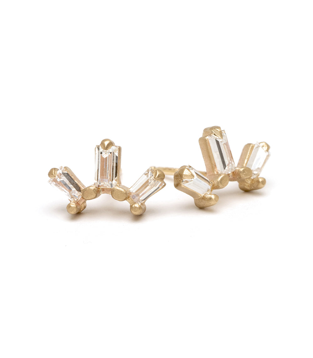 Sunrise Stud Earrings by A-E5-Stud in 14K yellow gold with matte studs and clear baguette stones
