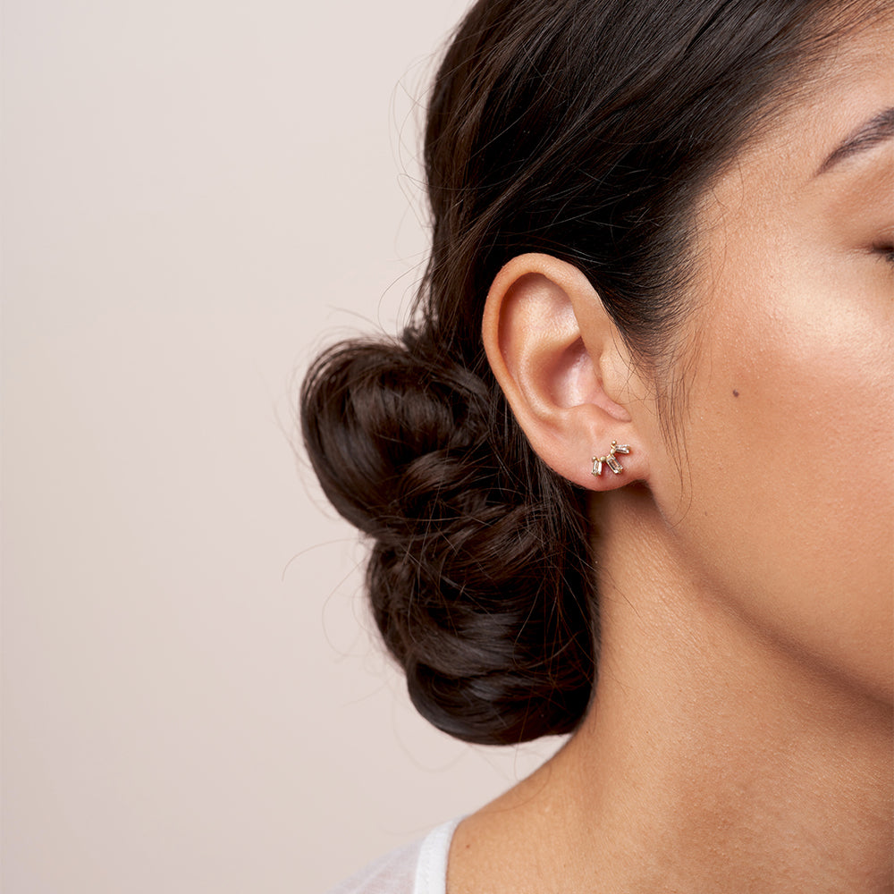 Sunrise Stud Earrings by A-E5-Stud, 14K rose gold shiny stud earrings on ear