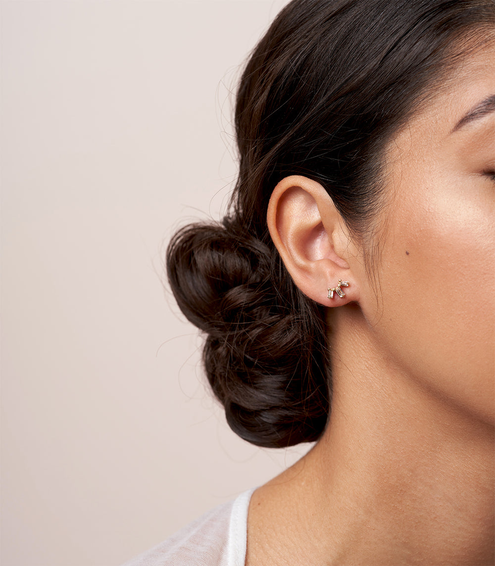 Sunrise Stud Earrings by A-E5-Stud, 14K rose gold shiny stud earrings on ear