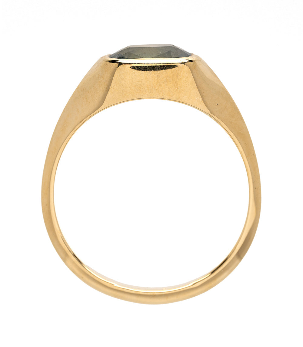 Tristan engagement ring by SK-R113-CC-GS-1.69 in gold with a rectangular faceted dark stone, understated.