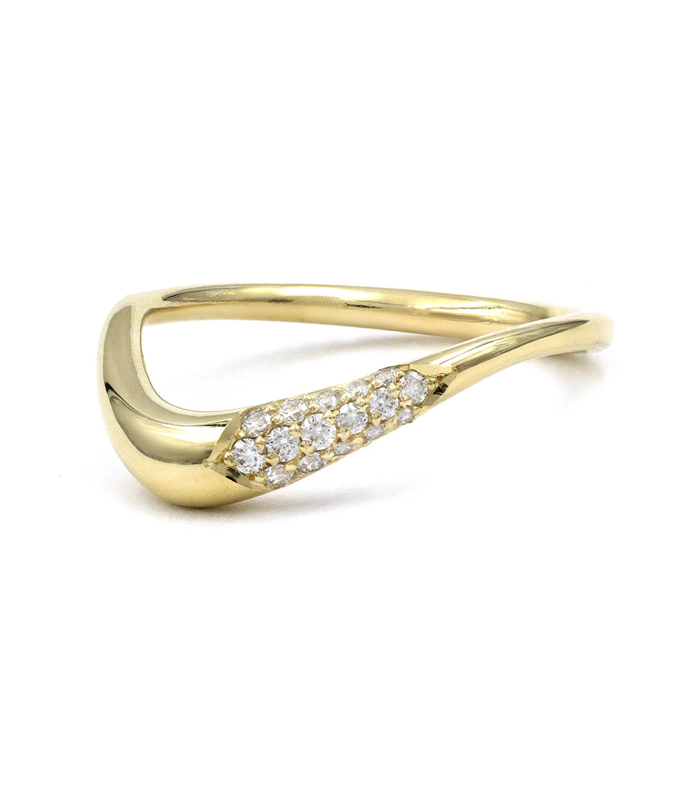 Small Melt Band by EGB-R1-P, 14K yellow gold ring with a shiny setting and diamond pavé cluster