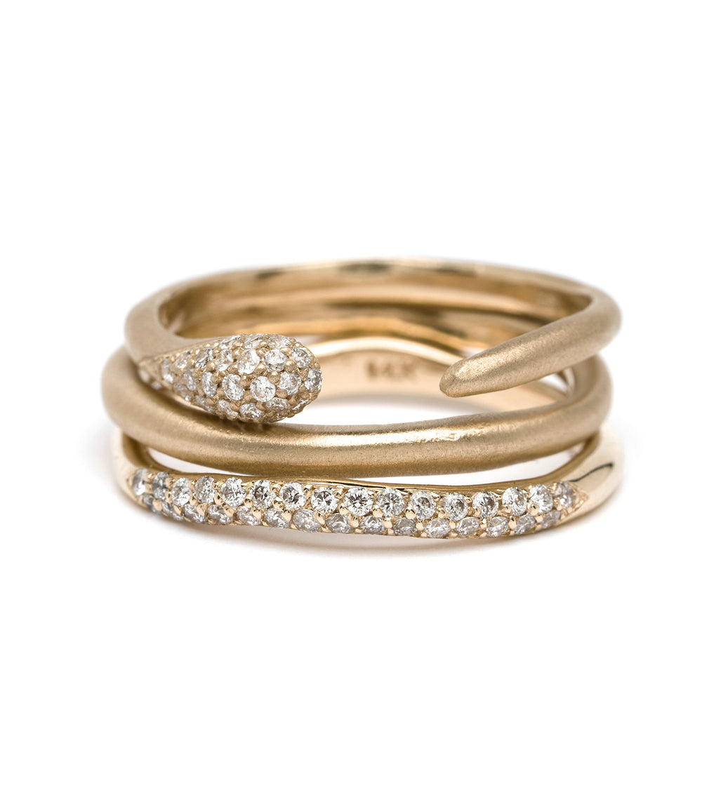 Petite Wavy Band by T-R44: shiny 14K yellow gold stacking bands with diamond pave detail